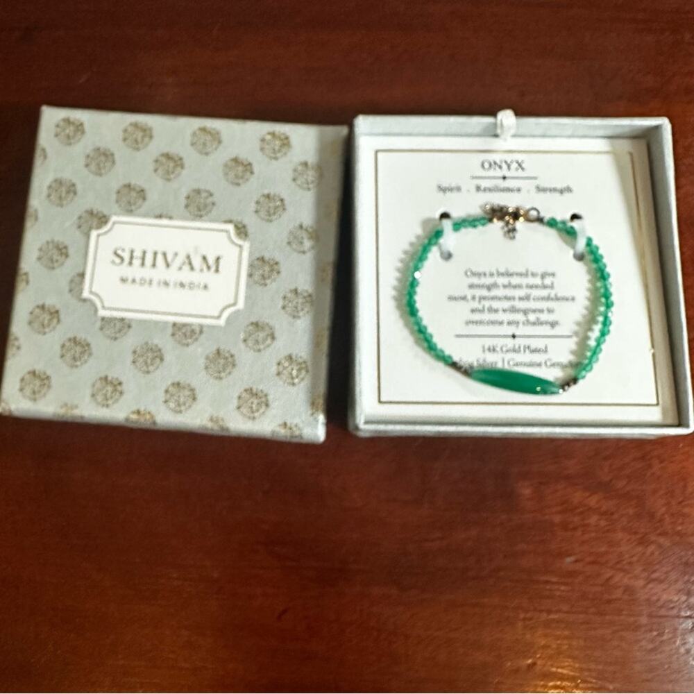 Shivam Green Onyx Beaded Bracelet NEW in Box NIB Boho 14k Gold Plated